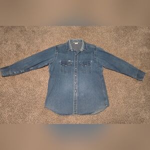 VINTAGE Carhartt Shirt Mens L Blue Western Denim Pearl Snap Long Sleeve 90s READ